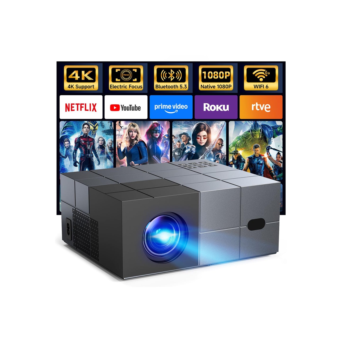 Projector with WiFi and Bluetooth - [High Brightness/Electric Focus]Outdoor Movie Projector ,Portable Smart Home Projector 1080P 4K Supported