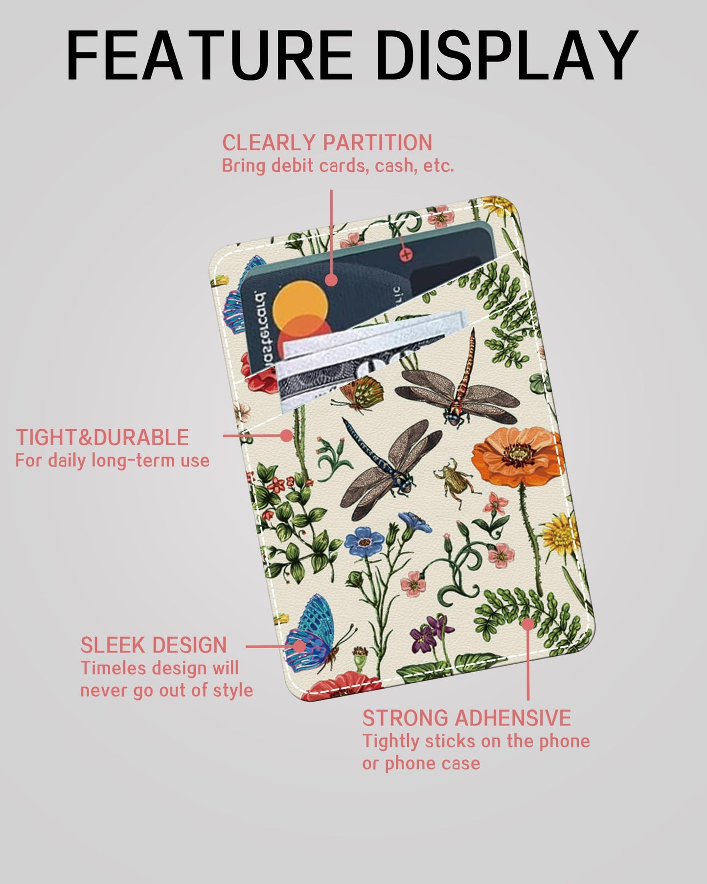 AOHRO Phone Card Holder, Dual Pocket Leather Phone Wallet Adhesive Stick On, Cute Card Holder, Credit Card Holder for Phone Case Retro Insects