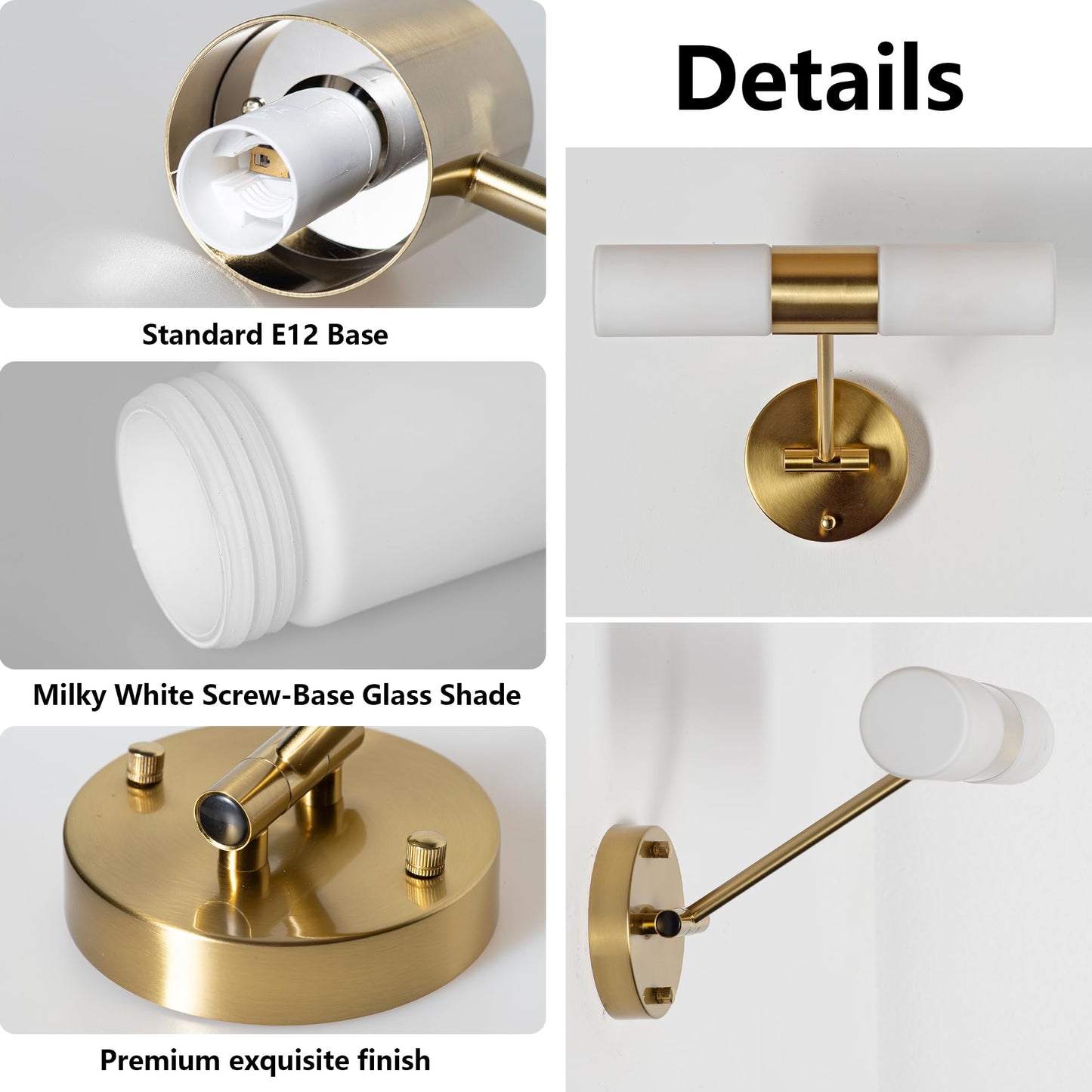 Modern Swing Arm Bathroom Light Fixtures, 11.8'' Milk Frosted Glass Shades Vanity Light for Mirror, IP44 Water Resistant 2*E12 Cordless Wall Sconces