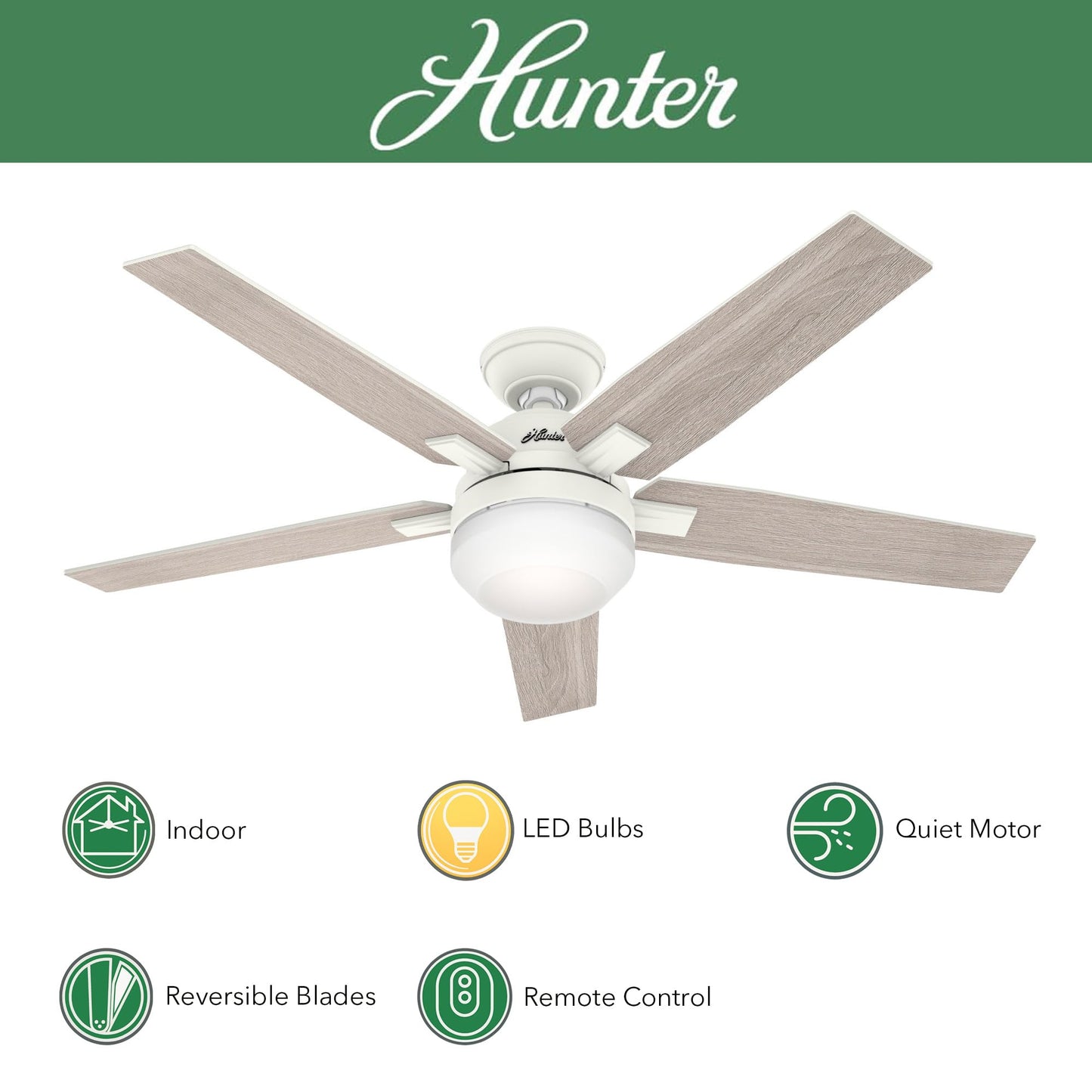Hunter Fan 52 Inch Matte White Ceiling Fan with Light and Remote Control, Indoor Ceiling Fan for Living Room, Bedroom, Office, Laundry Room, Basement