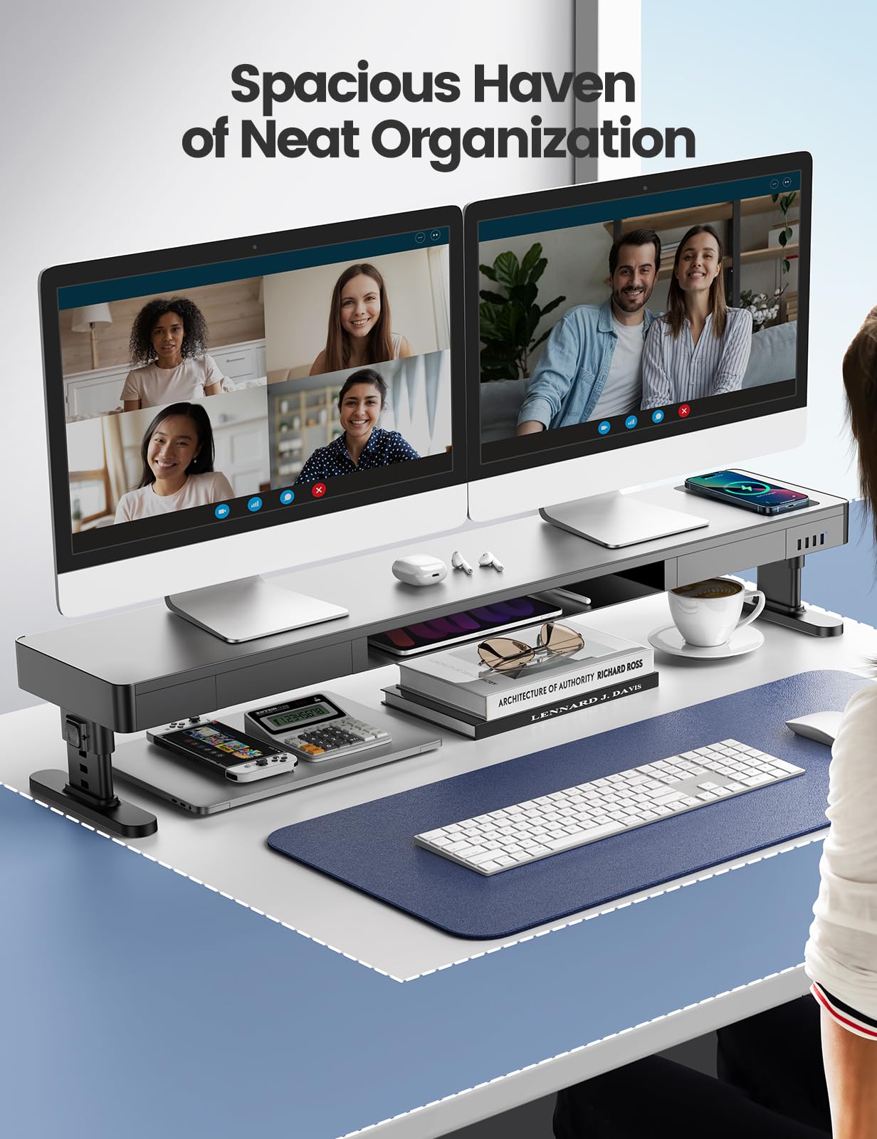 meatanty Dual Monitor Stand with 4 Adjustable Heights, Auto Phone Charging Pad, 4 USB Ports, Computer Riser with Drawers Storage, Metal Double Desk