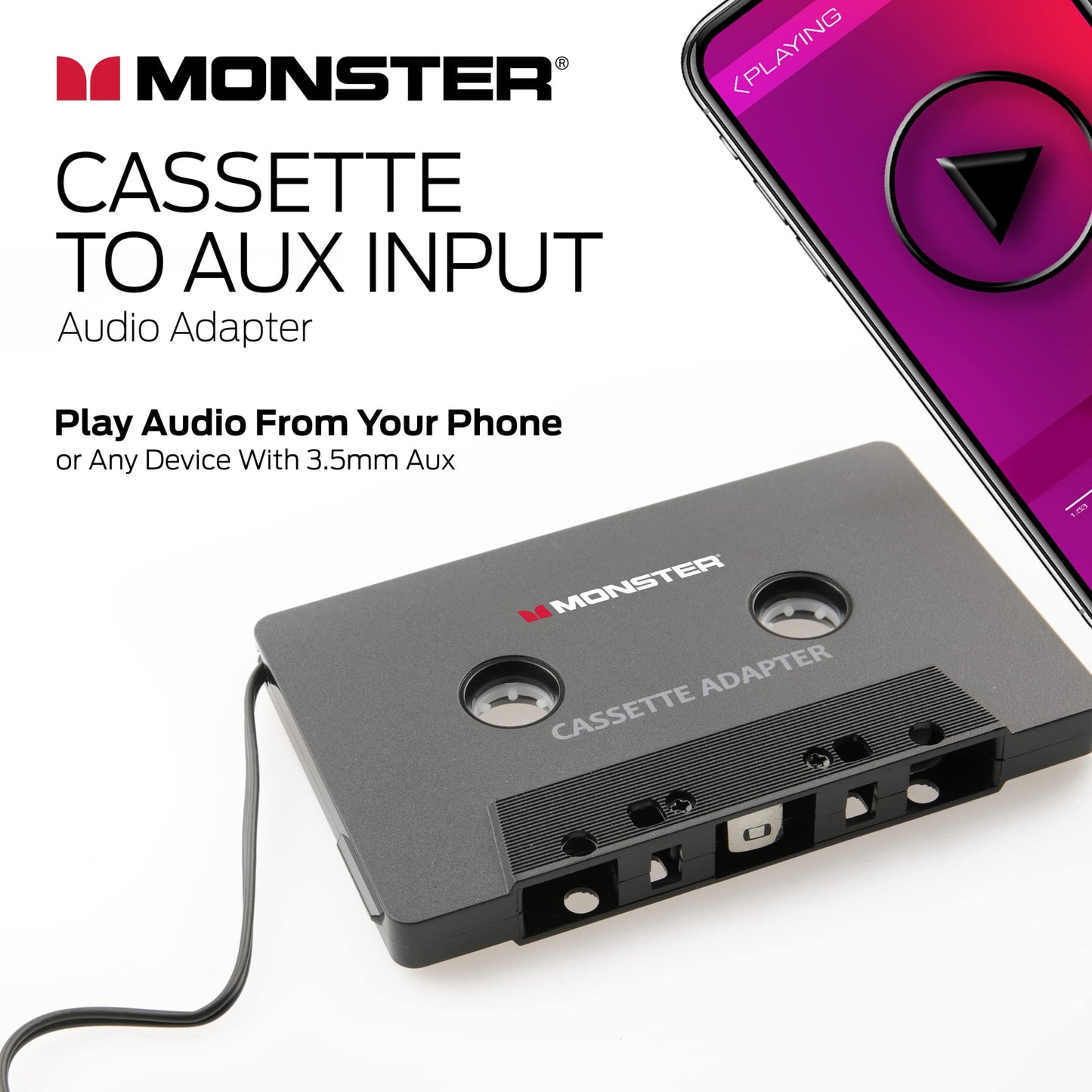Monster Cassette to Aux Audio Adapter for Car, Compatible with Devices Featuring 3.5mm Aux Port, Music Playback, Hands-Free Calls, Xtreme Easy DIY