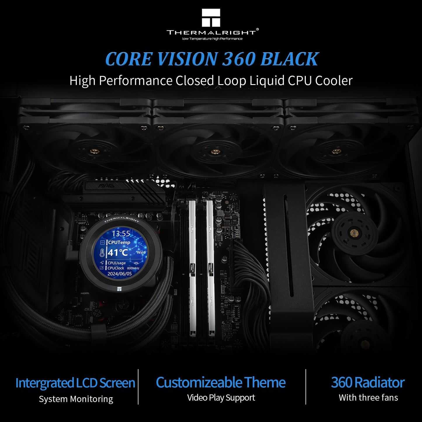 Thermalright CORE Vision 360 Black-360mm AIO CPU Liquid Cooler,IPS LCD Screen with 480 * 480 Resolution,for AM4/AM5/Intel LGA1700/1851,‘2.1