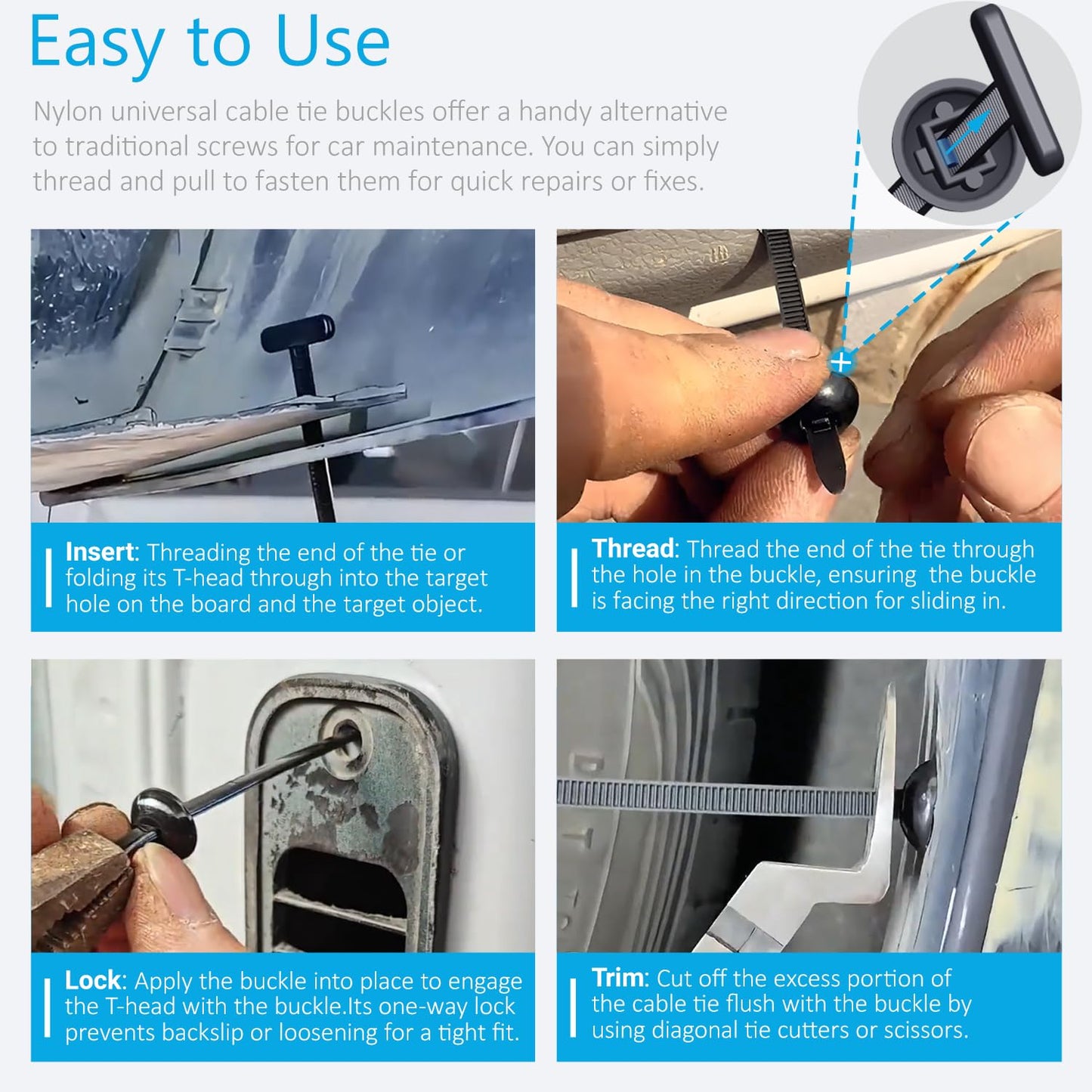200PCS Upgraded Nylon Universal Cable Tie Buckle, Heavy Duty Self-Locking Rivet Zip Ties, Multifunctional Cable Tie Buckle for Car Daily Repair, Home