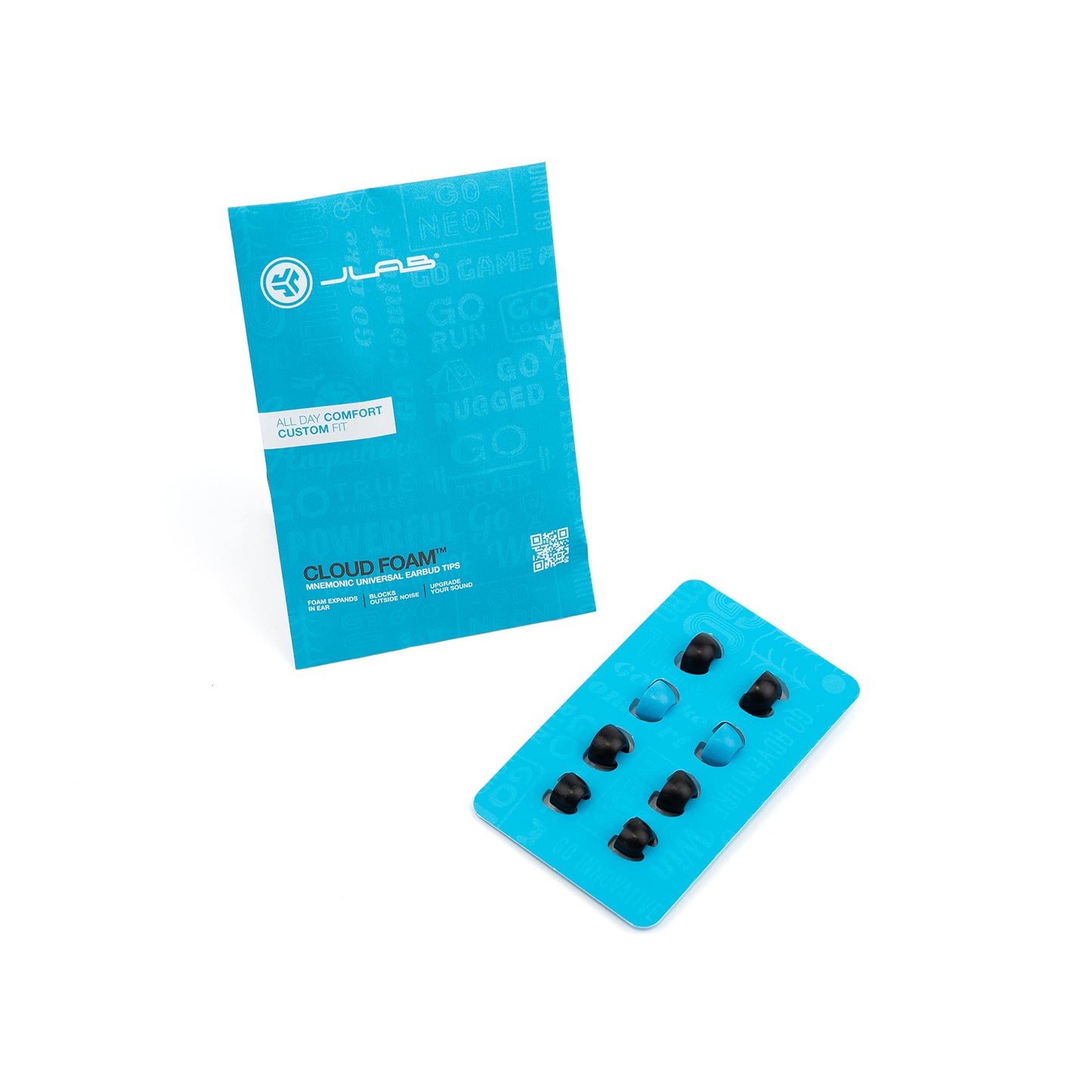 JLab Cloud Foam Earbud Tips, Universal fit, Memory Foam, Moisture Wicking, Black/Blue, 4 Pairs