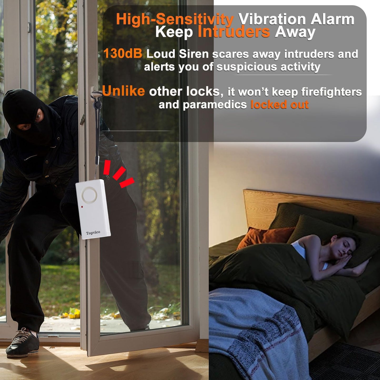 Topvico Door Handle Alarm Vibration Triggered, Hotel Travel Portable Door Alarm, 130dB Wireless Home Security for Kids, Elderly, Dementia, Remote