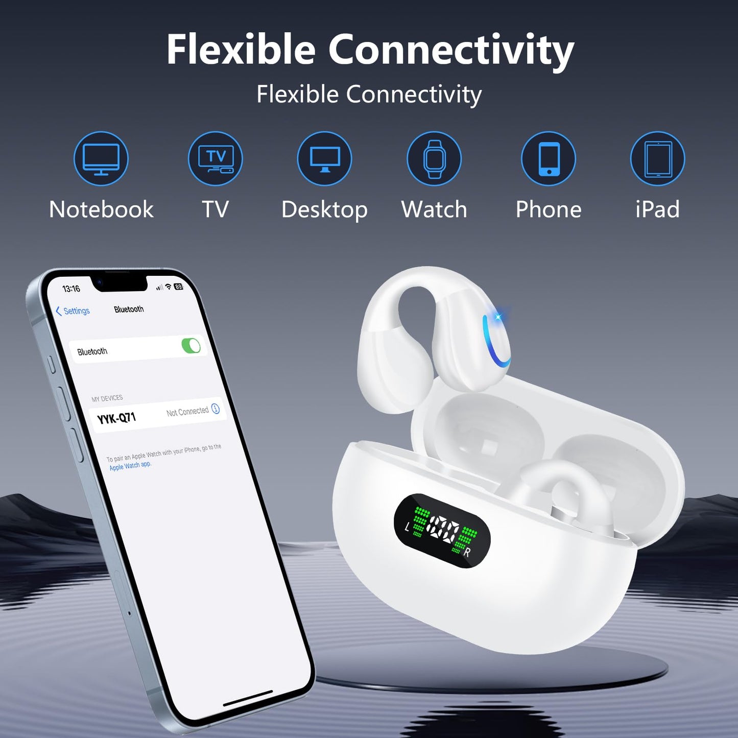 Open Ear Bone Conduction Headphones Bluetooth 5.3 Wireless Open Clip Ear Earbuds Built-in Mic with Ear Hooks 60 Hours Playtime Sport Earphones IPX7