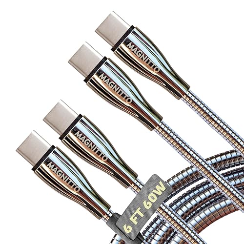 MAGNITTO Metal Braided Wire USB C to USB C Cable 6ft, 2Pack, 60W 3A, Stainless Steel, Strong Durable Wire, Tangle Free, Pets Chewing Proof, Silver