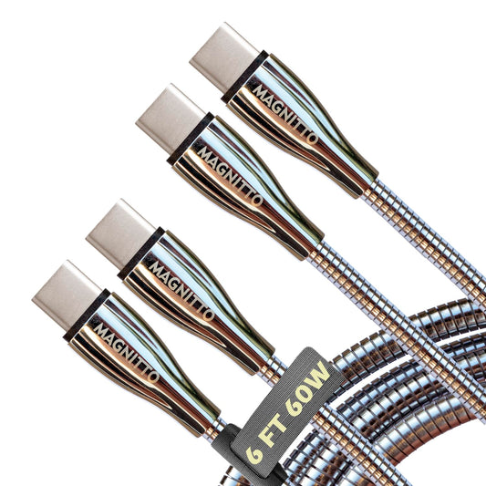 MAGNITTO Metal Braided Wire USB C to USB C Cable 6ft, 2Pack, 60W 3A, Stainless Steel, Strong Durable Wire, Tangle Free, Pets Chewing Proof, Silver
