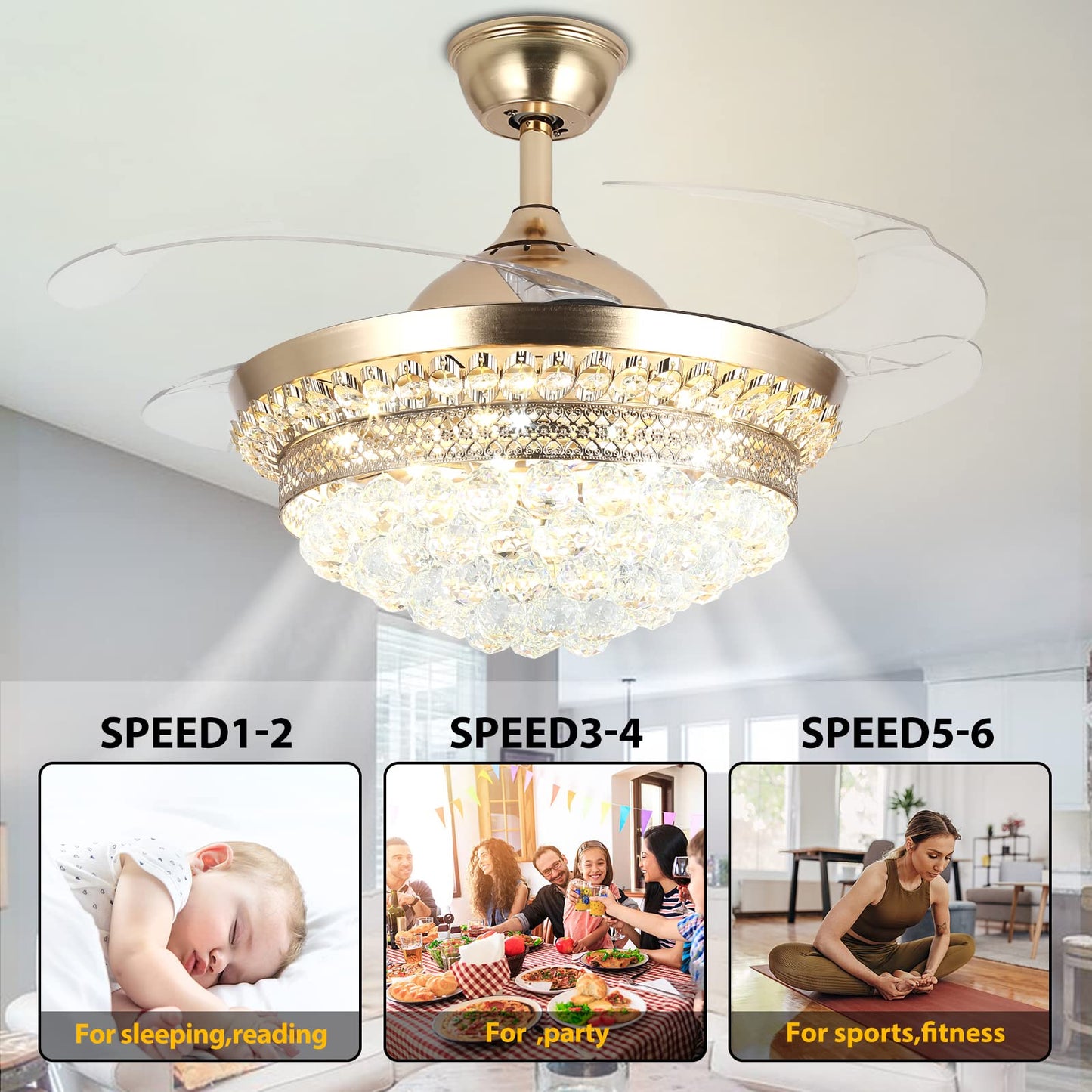 Panghuhu88 42" Invisible Ceiling Fan Chandelier with Light,Modern Crystal Ceiling Fan Light Remote Control 4 Retractable ABS Blades for Bedroom Living