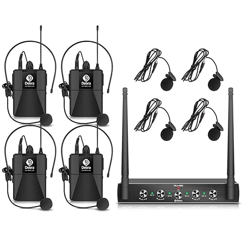 Debra Audio Pro UHF 4 Channel Wireless Microphone System with Cordless Handheld Lavalier Headset Mics, Metal Receiver, Ideal for Karaoke Church Party