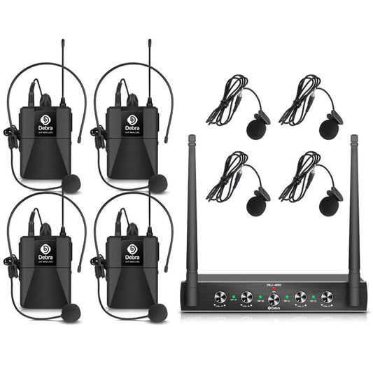 Debra Audio Pro UHF 4 Channel Wireless Microphone System with Cordless Handheld Lavalier Headset Mics, Metal Receiver, Ideal for Karaoke Church Party