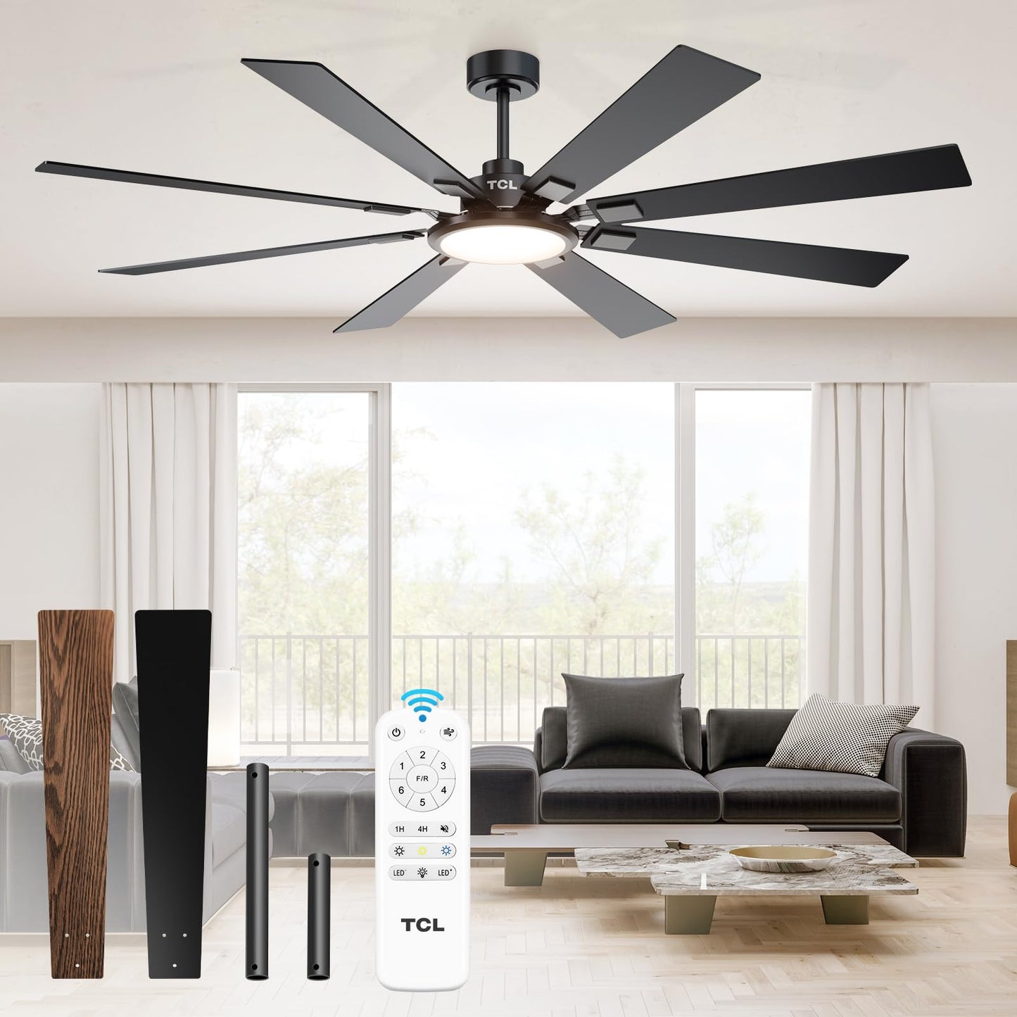 TCL Ceiling Fans with Lights and Remote: 72 Inch 8 Blades Black DC Fan