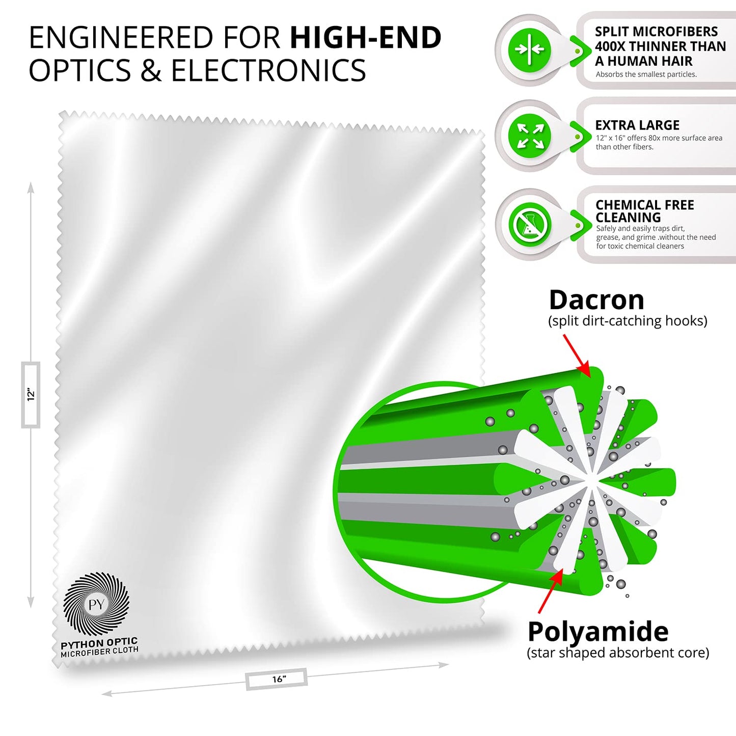 Python Premium OLED Microfiber Cloth 12x16in - Scratch-Free Optical Lens & Glasses Cleaner, Screen Cleaning for Computers, TVs, Apple Devices, Zeiss