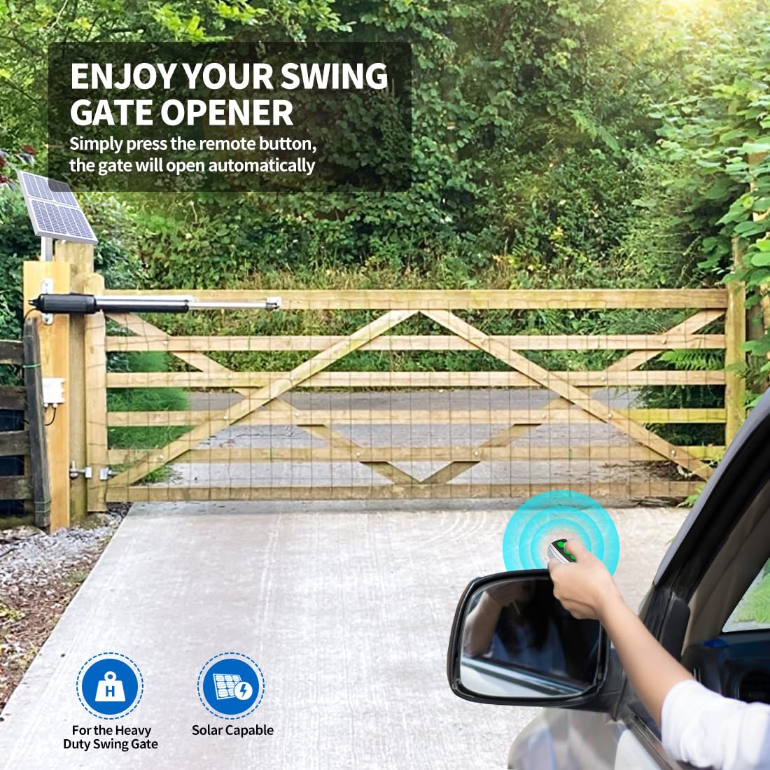TOPENS A8S Automatic Solar Gate Opener for Heavy Duty Single Swing Gate Up to 18ft, Single Swing Gate Operator Battery Powered with Remote Control Kit