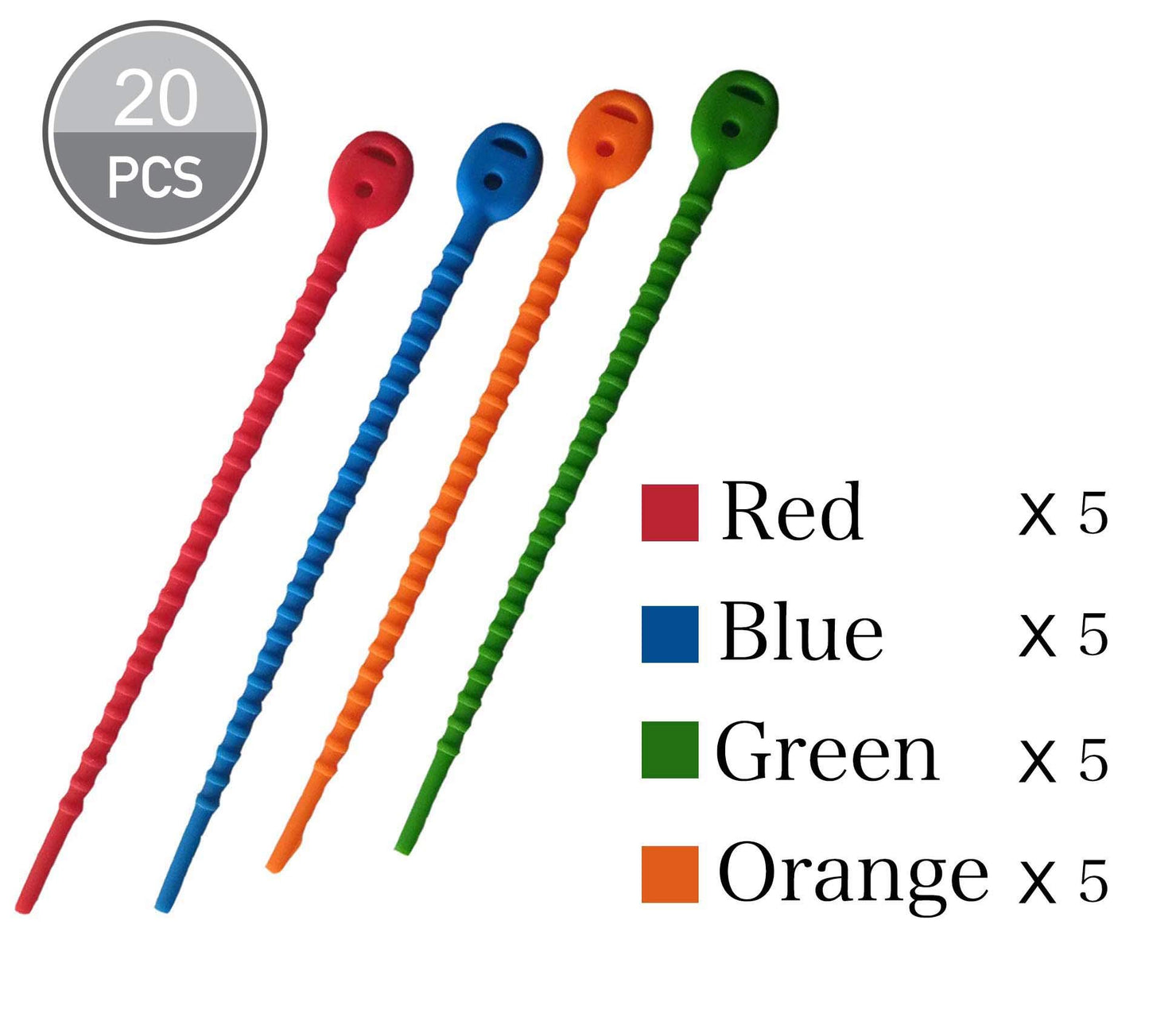 Multi Purpose Silicone Zip Ties - 20 pcs - 6 inch Cable Ties - Double Lock Twist Ties in Multi Color (Red, Blue, Green, Orange) - Extra Hold Reusable