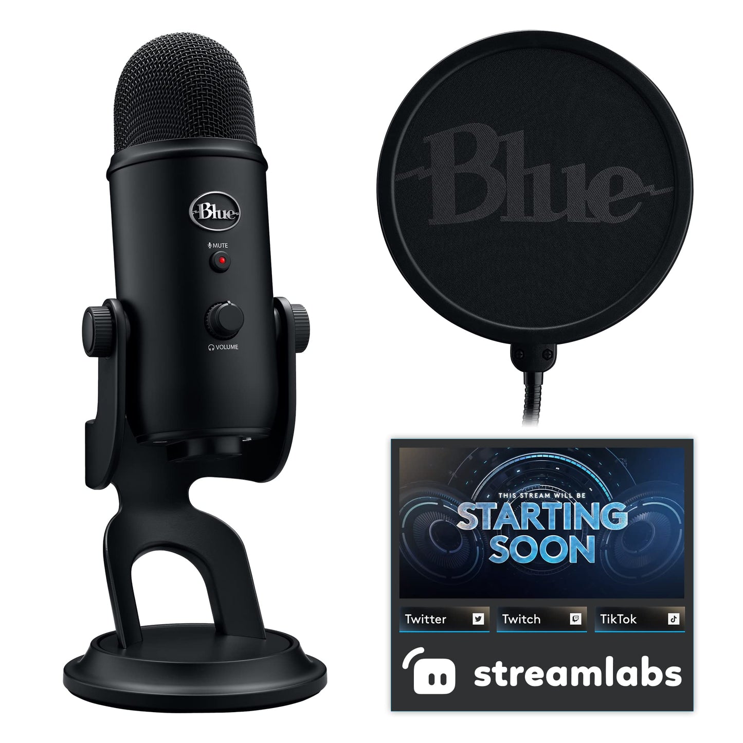 Logitech Blue Yeti Game Streaming Kit with Yeti USB Gaming Mic, Blue VO!CE Software, Exclusive Streamlabs Themes, Custom Pop Filter, PC/Mac/PS4/PS5