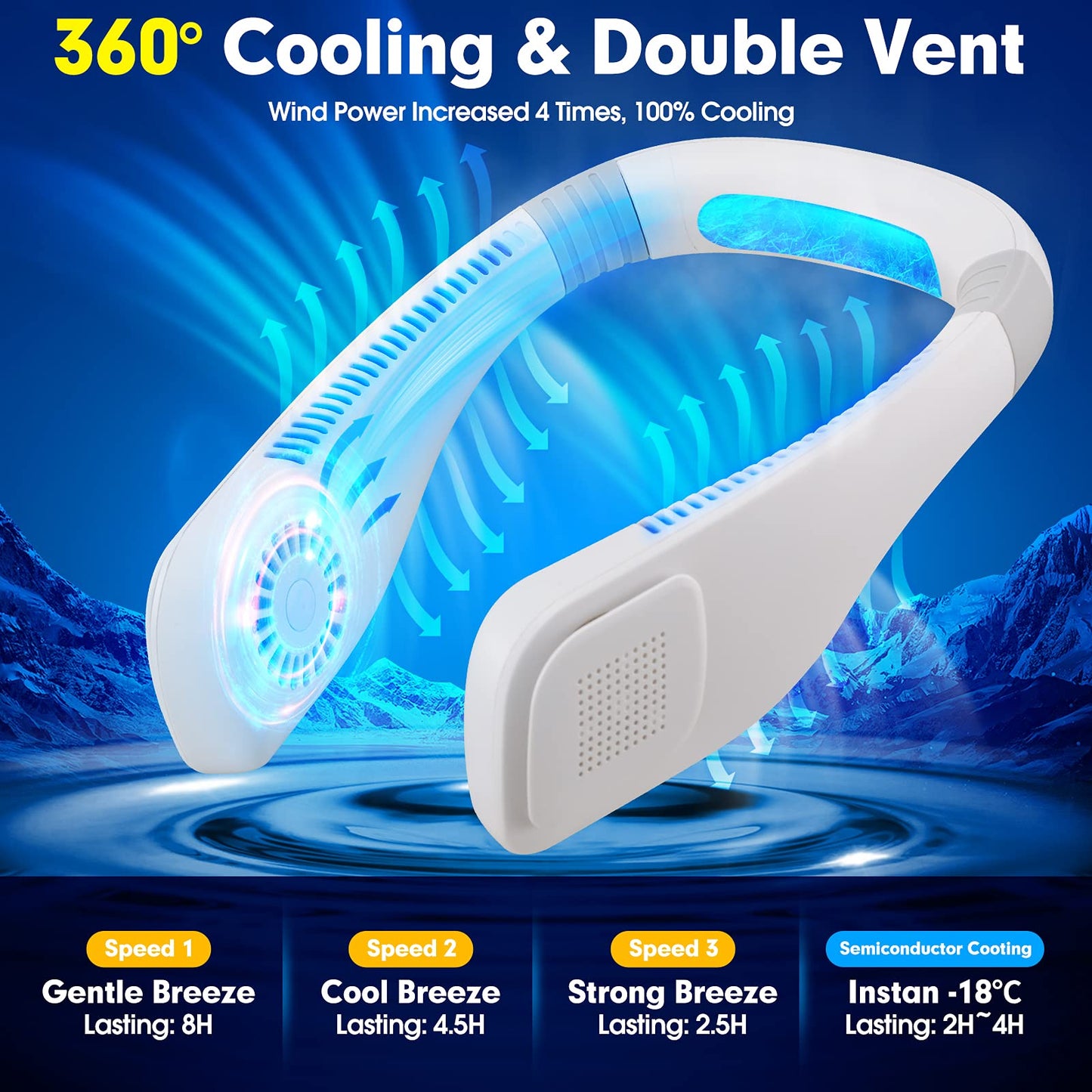zeriyu Portable Neck Fan, 2600mAh Wearable Personal Fan, 360° Adjustable Cooling Hanging Fan with USB Rechargeable, 3 Speed Bladeless Neck Fan