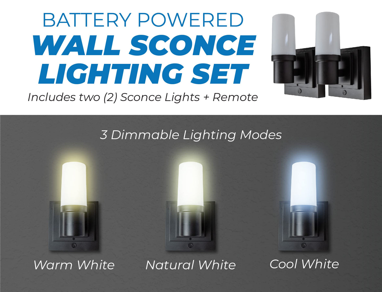 Westek Battery Operated Wall Sconce with Remote, 2 Pack Plastic Wireless Battery Wall Light, Easy No Wire Install 160 Lumens, 4 Hour Auto Shut-Off