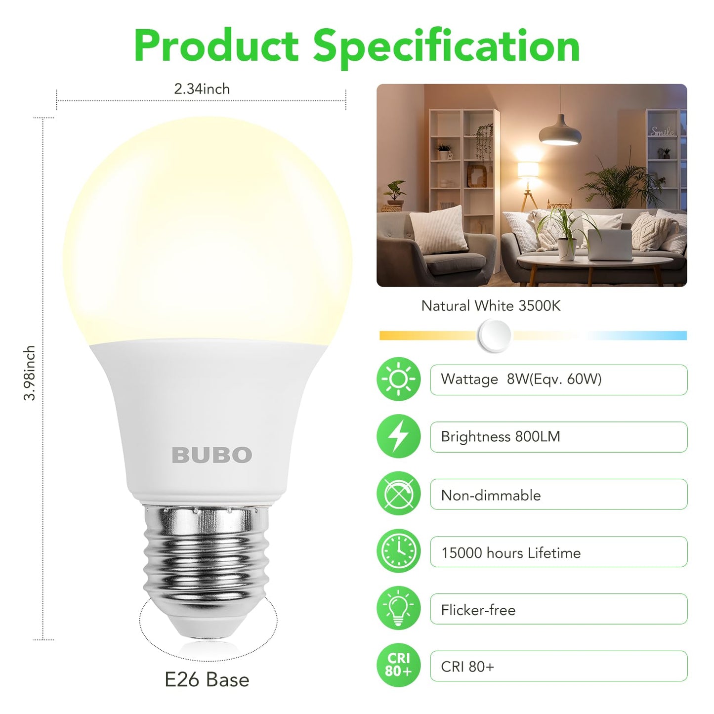 BUBO A19 LED Light Bulbs, 60 Watt Equivalent LED Bulbs, Natural White 3500K, 800 Lumens, E26 Standard Base, Non-Dimmable, 8W Natural White LED Bulbs