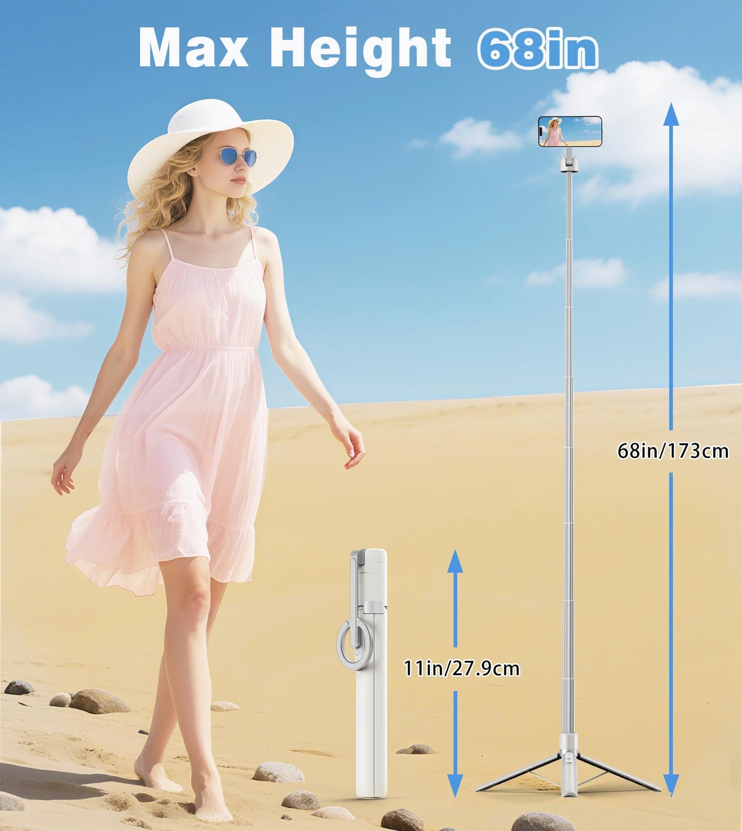 TONEOF 60" Cell Phone Selfie Stick,Smartphone Tripod Stand All-in-1 with Integrated Wireless Remote,Portable,Lightweight,Tall Extendable Phone Tripod