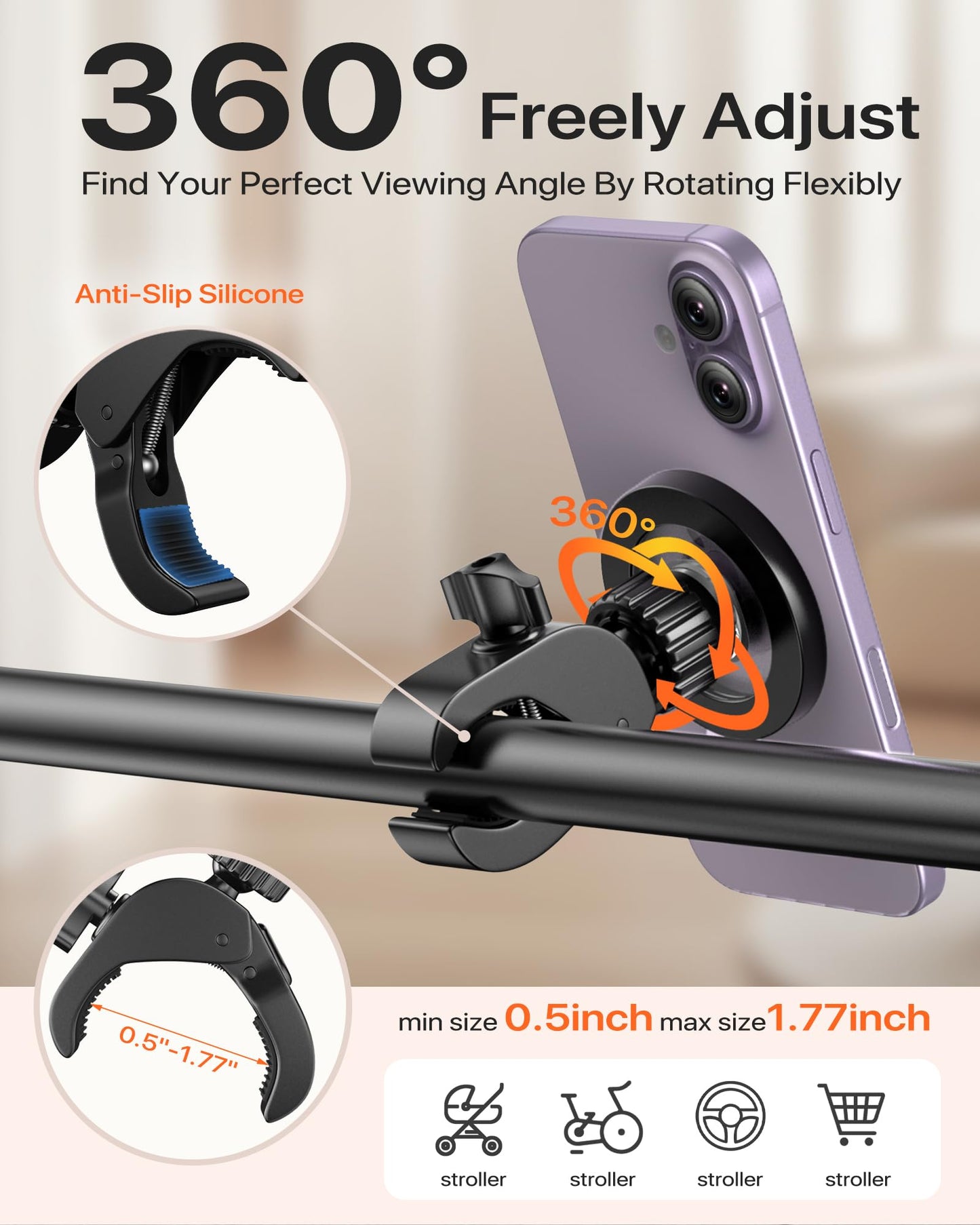 Pipiboo Magnetic Phone Holder Clamp Mount:[24*N55 Magnet] Rotatable Handlebar Accessories for MagSafe for Stroller,Peloton,Steering Wheel,Push