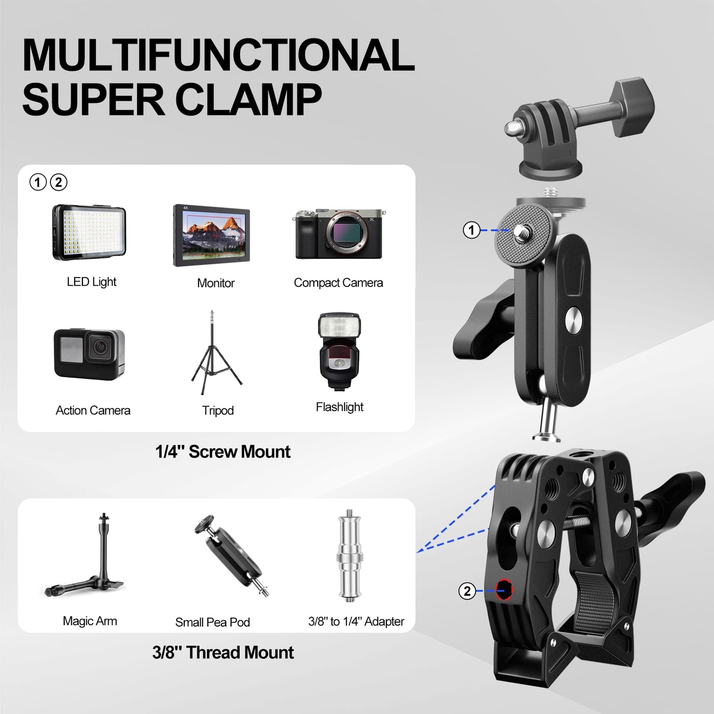 Super Clamp Camera Mount with 360 Dual Ballhead Magic Arm, 1/4"-20 & 3/8"-16 Thread and Phone/Action Camera Mount Adapter for Canon Nikon DSLR