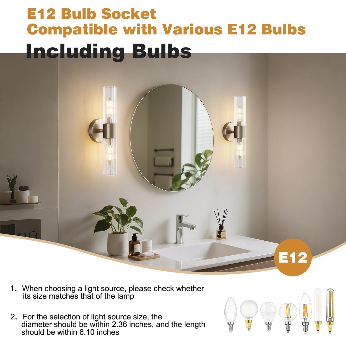 Timeweave Wall Sconces Set of Two, Bathroom Light Fixtures 2-Light, Modern Vanity Light for Bathroom, Wall Light with Glass Rods Shades for Mirror