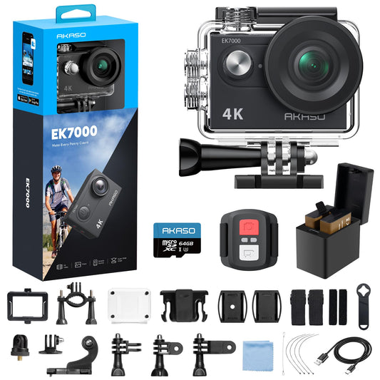 AKASO EK7000 4K30fps Action Camera with 64GB MicroSDXC U3 Memory Card Accessories Kit Bundle Ultra HD 131FT Waterproof Underwater Camera EIS WiFi