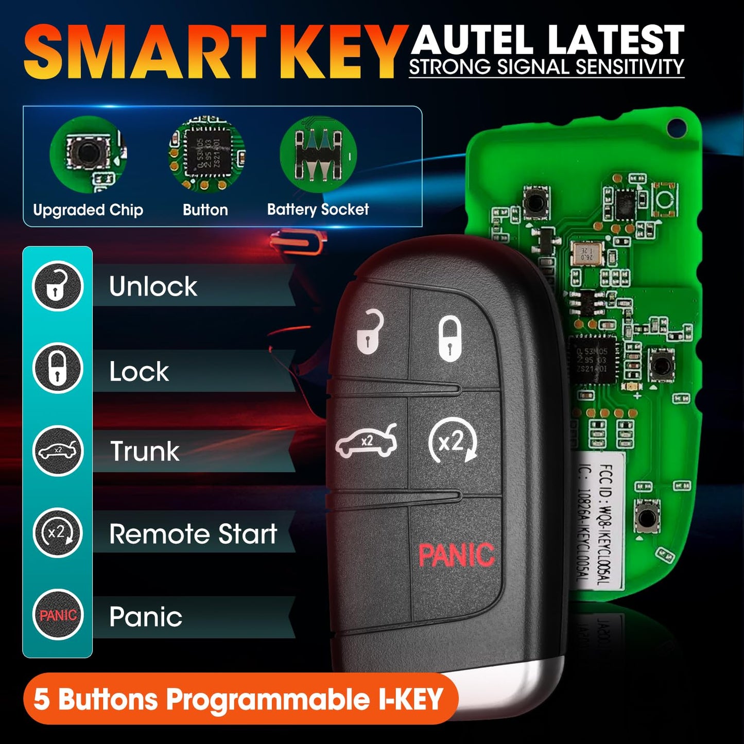 Autel MaxiIM IKEY Programmable Blank Key for Chrysler Dodge, 2026 IKEYCL005AL 5 Buttons Key Fob Replacement, 130FT/ 40M Smart Keyless Entry Remote