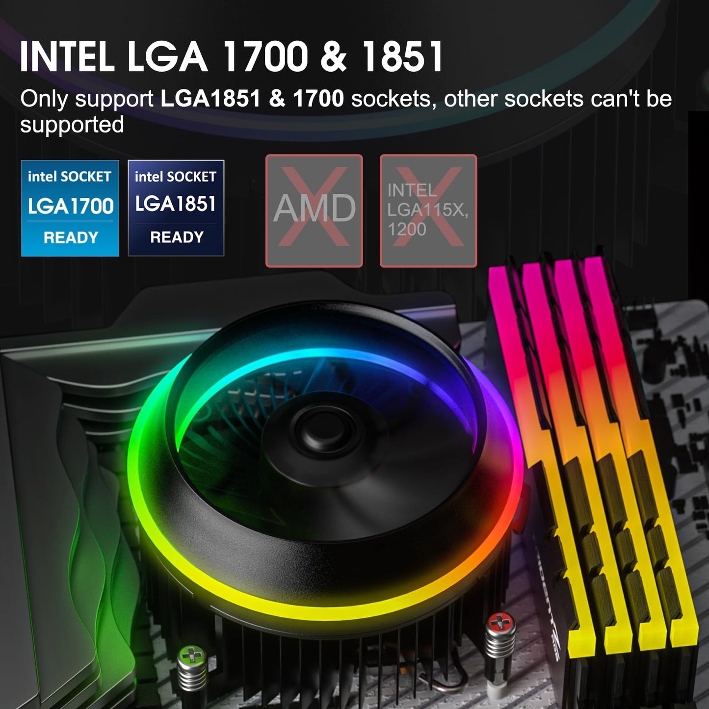 Vetroo Eclipse Low-Profile ARGB CPU Cooler, 90mm 4-Pin PWM Fan, Premium Aluminum Fins, 95W TDP Air Cooling for Intel LGA 1851 & 1700 Only