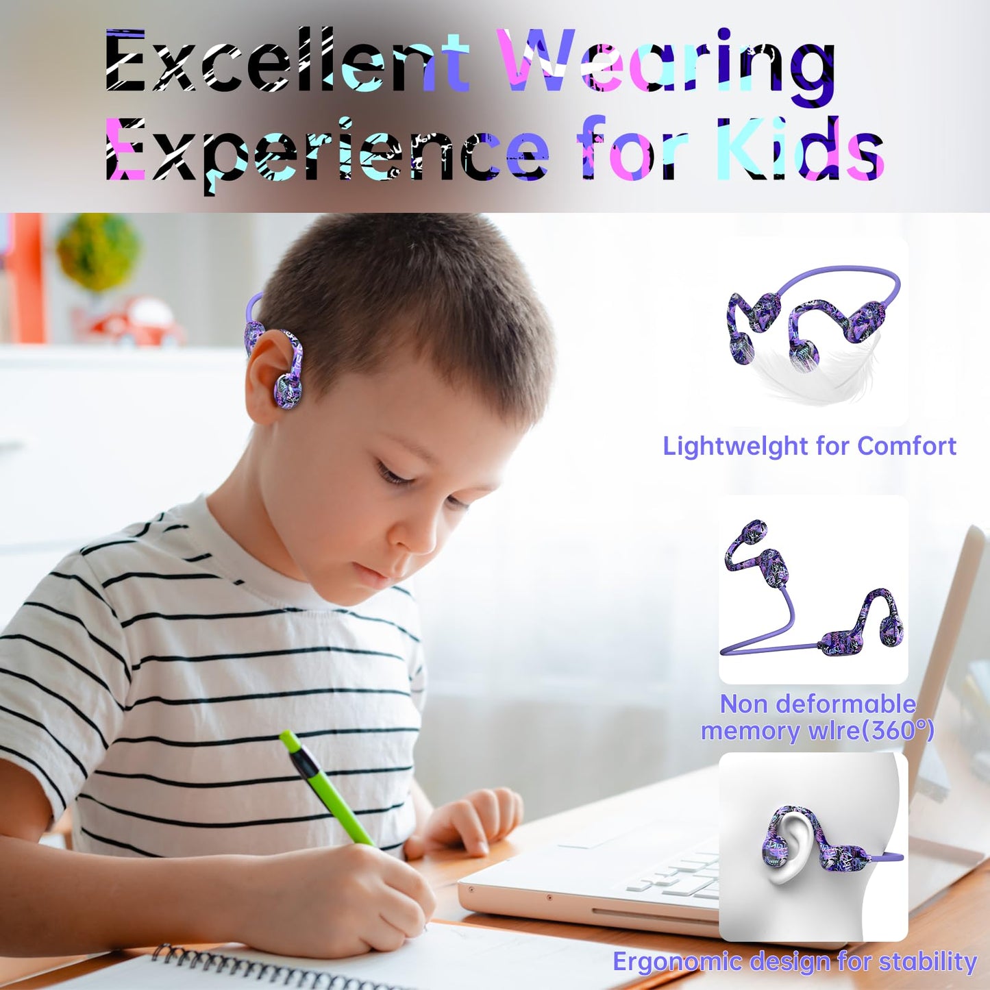 Mehomeli Kids Headphones, Bluetooth 5.2 Air Conduction Open Ear Headphones, 85dB Volume Limiting, Stereo Sound with Mic, IPX5 Waterproof, 20H