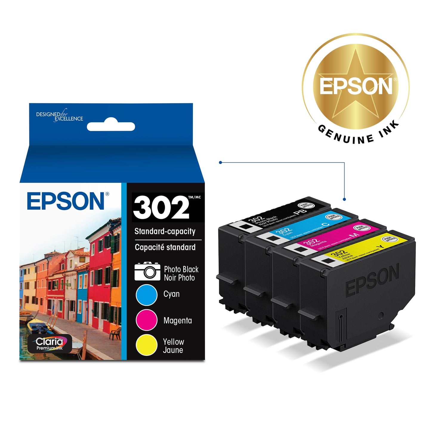 EPSON 302 Claria Premium Ink Standard Capacity Color Combo Pack (T302520-S) Works with Expression XP-6000, 6100