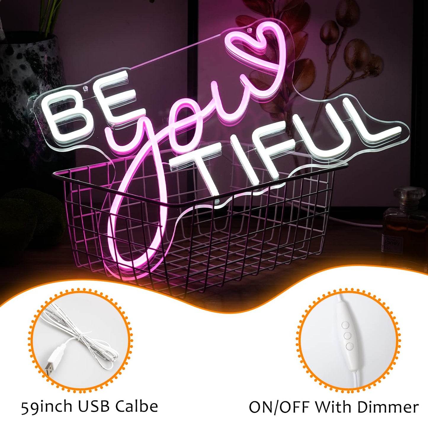 Be Your Tiful Neon Sign Dimmable Letter Neon Signs White Pink Wall Decorative Lights Powered USB with Switch for Bedroom Kid Room Shop Apartment