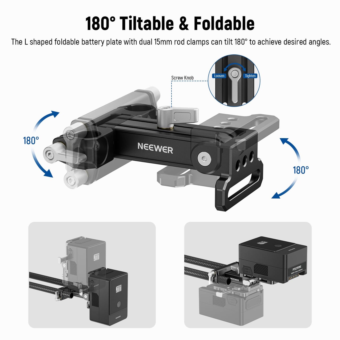 Neewer Mini V Mount Battery Plate with 15mm LWS Rod Clamps, 180° Tilt Foldable L Shaped V Lock Battery Plate with Quick Release Button, Compatible
