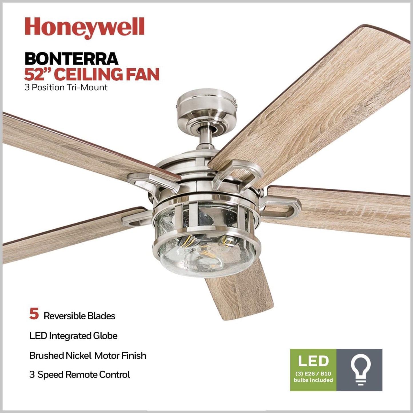 Honeywell Ceiling Fans Bonterra Modern 52 Inch Ceiling Fan with Light, Remote Control, LED Indoor Fan with 5 Blades, Light Brown Pine and Brown