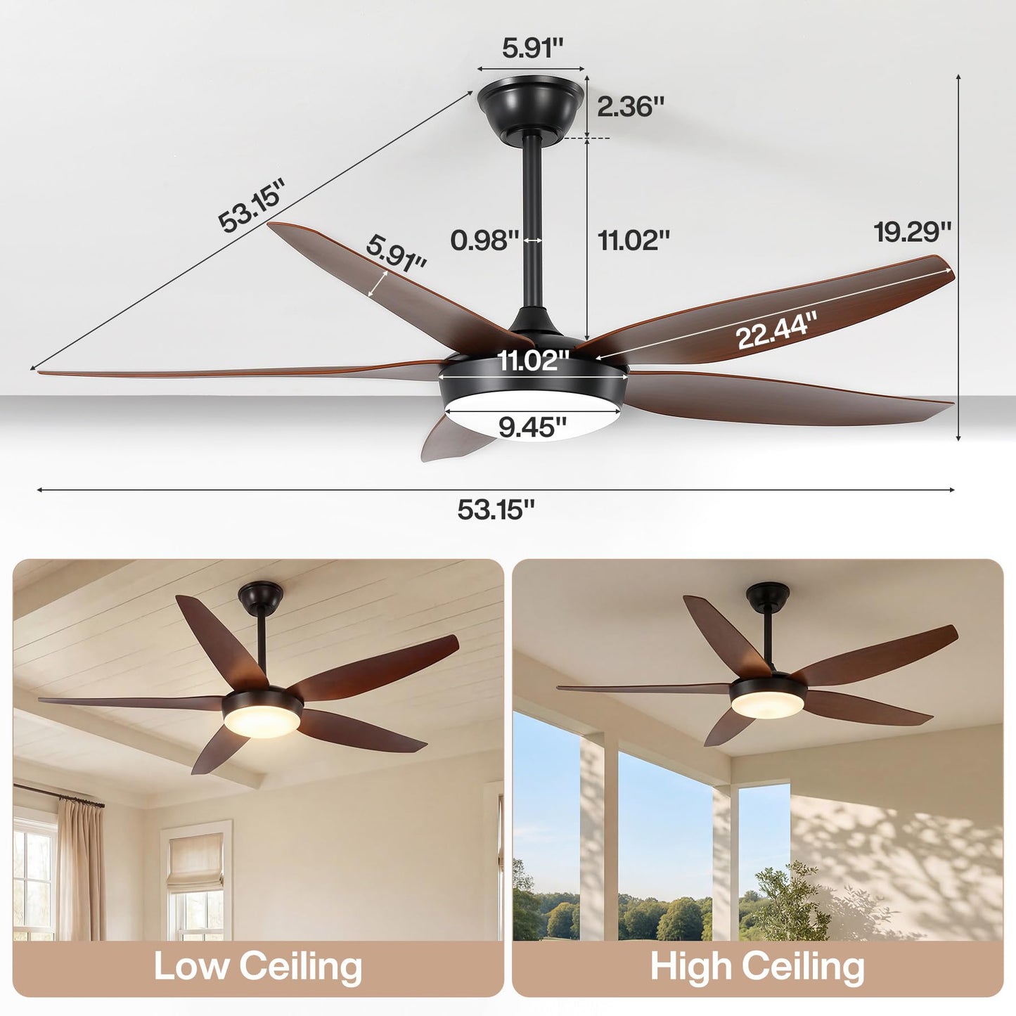 Tribesigns 56 Inch Ceiling Fans with Lights and Remote Control, 5 Blades Low Profile Ceiling Fan with LED Dimmable, DC Motor & 3CCT, 6 Speeds, High