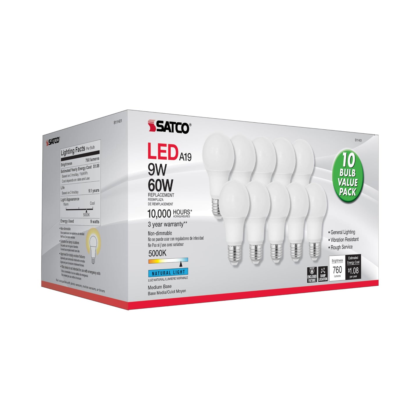 Satco S11401 9-Watt A19 LED Light Bulb, 5000K Natural Light, 800 Lumens, E26 Medium Base, 10 Pack