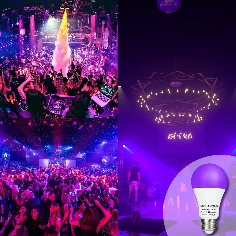 FAGUANGAO LED Black Light Bulb,9W(75Watt Equivalent) A19 UV Blacklight Bulb,120V,UVA Level 390-400nm,E26 Medium Base,Glow in The Dark for Blacklight