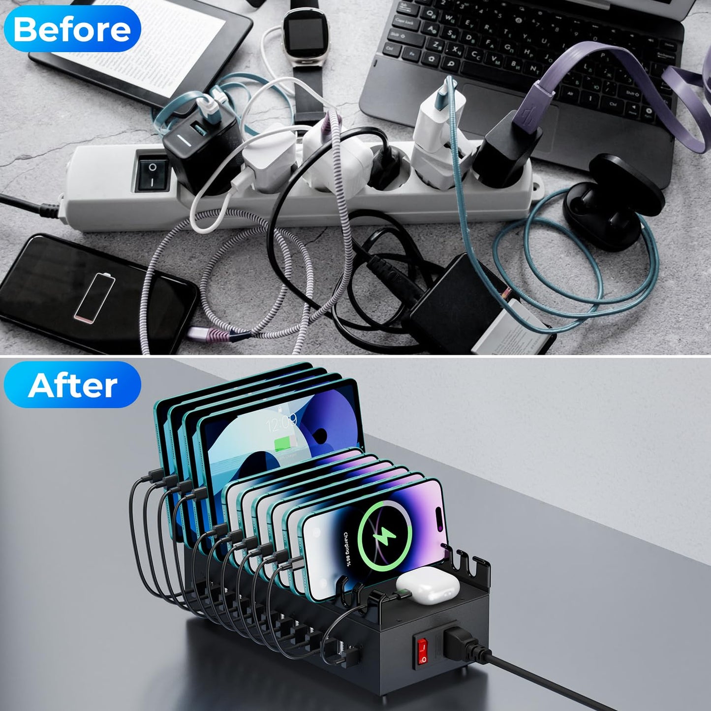 Charging Station for Multiple Devices, 200W 22 Port USB Power Charger Block for iPhone iPad Cell Phone Tablets, Multiple USB Power Strip for Home