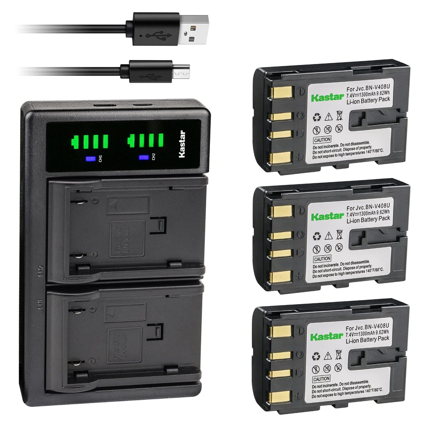 Kastar 3-Pack Battery and LTD2 USB Charger Replacement for JVC BN-V408 BN-V408U BN-V408US BN-V416 BN-V416U BN-V416US BN-V428 BN-V428U BN-V428US