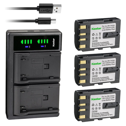 Kastar 3-Pack Battery and LTD2 USB Charger Replacement for JVC BN-V408 BN-V408U BN-V408US BN-V416 BN-V416U BN-V416US BN-V428 BN-V428U BN-V428US