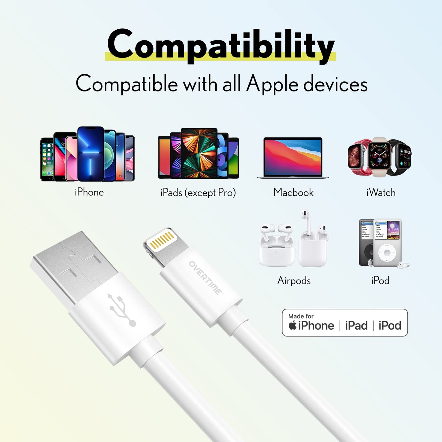Overtime Lightning Cable, MFi Certified, Portable & Smart Charging USB A to Lightning Cable, Ultra-Fast Apple Charging Cord, 6ft iPhone Charger Cord…