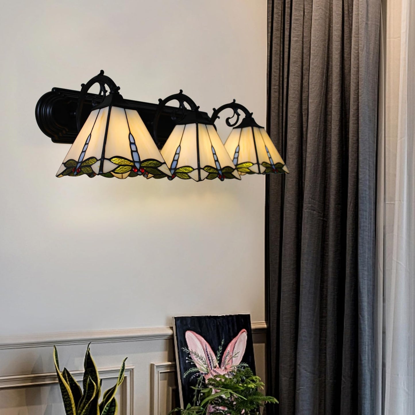 WUPYI Tiffany Style Wall Sconces 3 Lights,Vintage Stained Glass Wall Lamp for Bedroom Living Room Bathroom Hallway,Wall Mounted Vanity Light Indoor