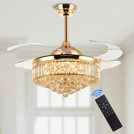 MOOONICHE 42 Inch Crystal Ceiling Fan with Light and Remote Modern Gold Dimmable Fandelier Invisible Retractable Chandelier Fan for Bedroom Living