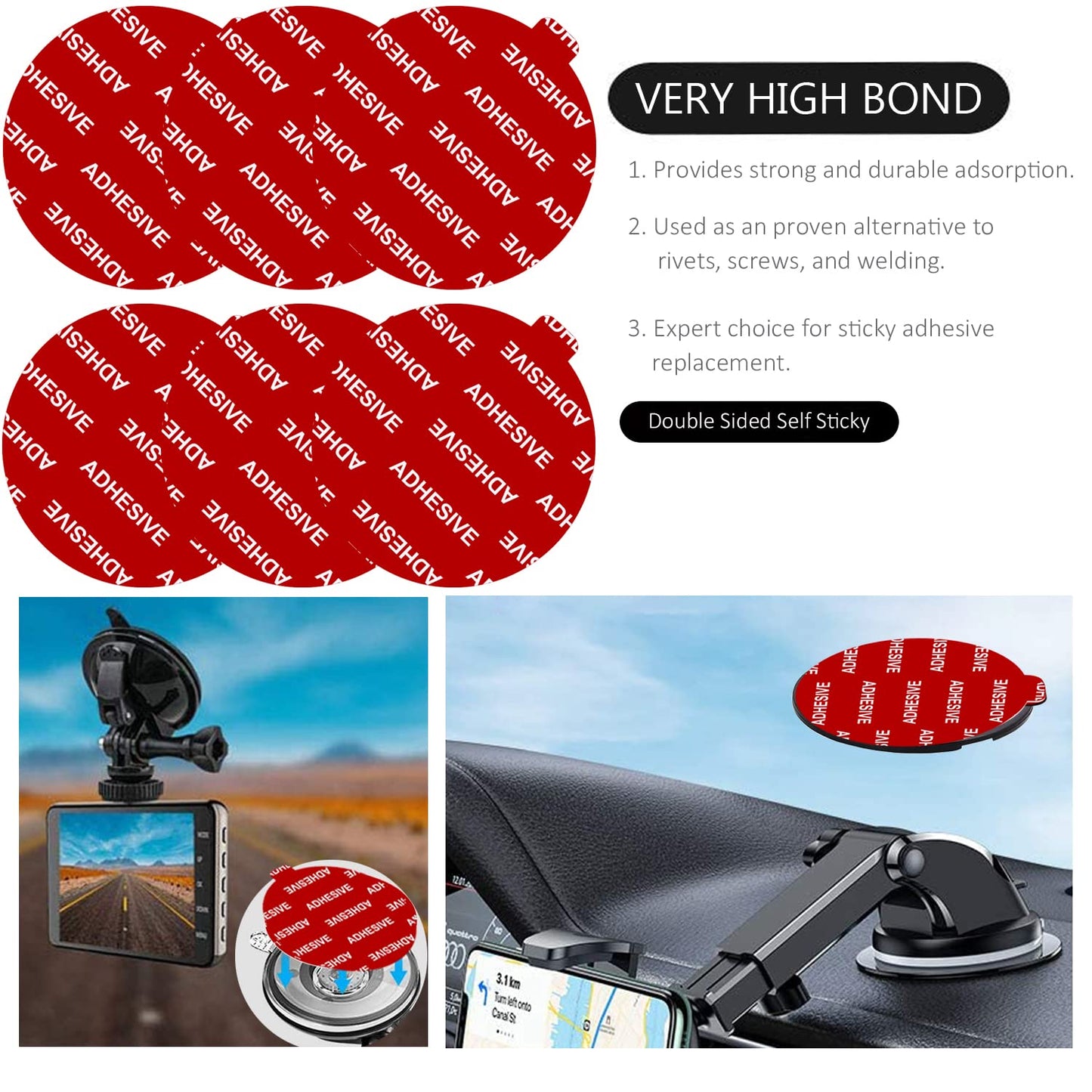 PKYAA Dashboard Pad Mounting Disk Sticky Adhesive Replacement Kit, 6pcs 3.15"(80mm) Circle Heat Resistant Double-Sided Stickers for Suction Cup Car