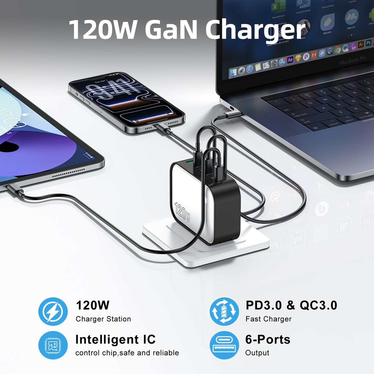 120W GaN USB C Charger, 6-Port Fast Charging Block with Night Light, PD 100W Wall Charger for MacBook Pro/Air, iPhone 17/16/15 Series, iPad, Laptop