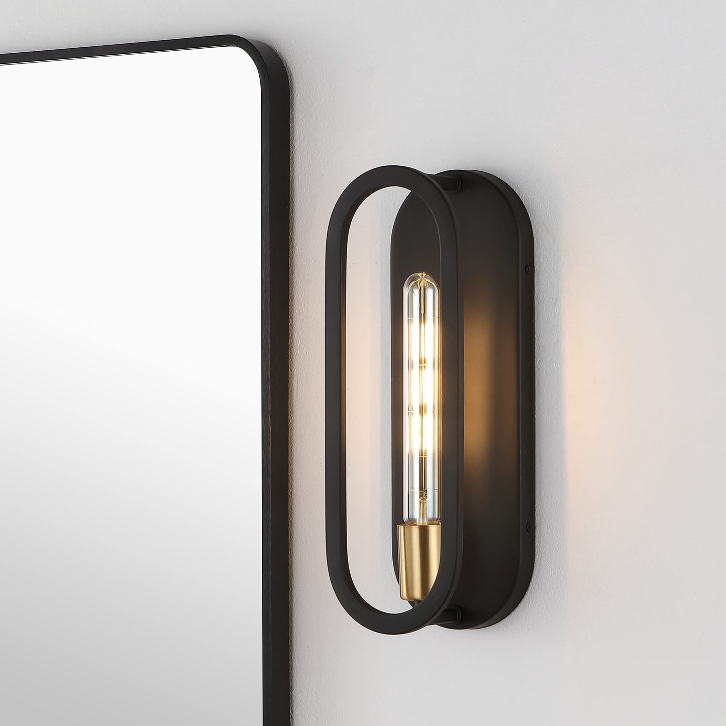 JONATHAN Y 4.75" Black/Brass Gold LED Wall Sconce, 1-Light Mid-Century Lamp for Bathroom Vanity, Bedroom, Hallway, Dimmable Bohemian Metal Fixture