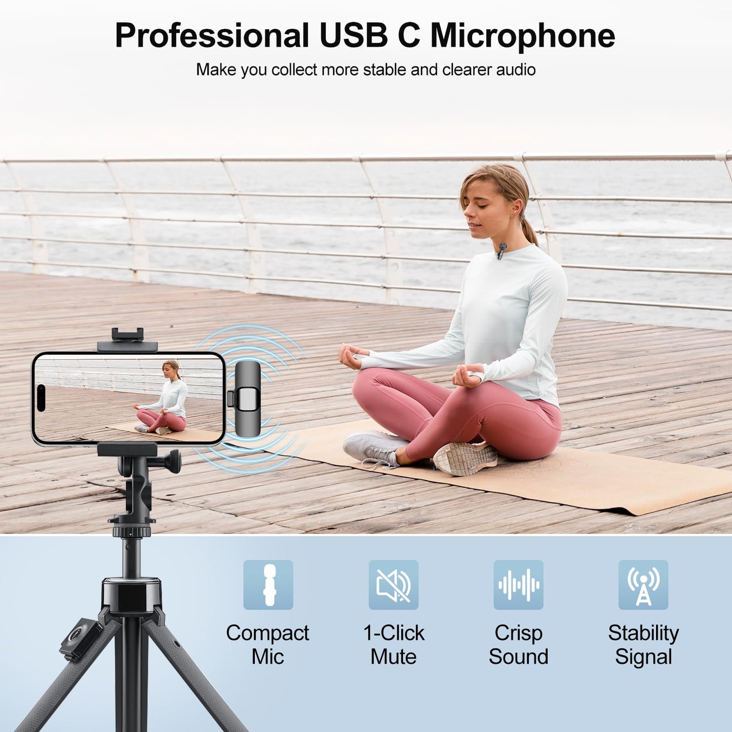 PoP voice USB C Mini Wireless Lavalier Microphone for iPhone/Android, Lapel Mic with Noise Reduction, Lav Mic for Video Recording, Tiny Microphone