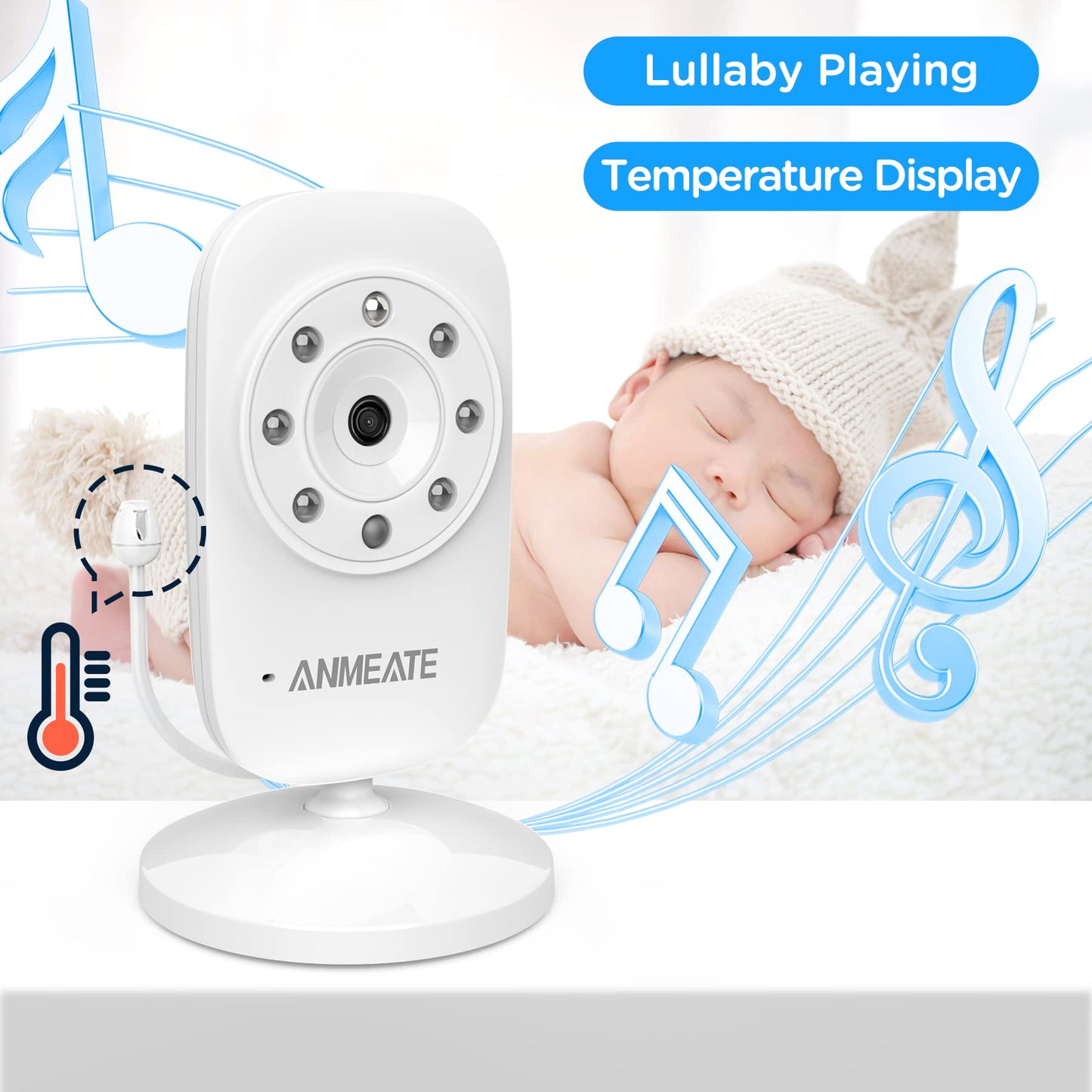 ANMEATE Video Baby Monitor with Digital Camera, Digital 2.4Ghz Wireless Video Monitor with Temperature Monitor, 960ft Transmission Range, 2-Way Talk